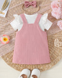 Baby Girls 3pc Set- Cap Sleeve Bodysuit + Pink Suspender Skirt + scrunchie
