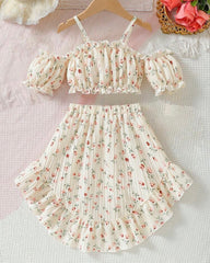Girls’ 2pc Summer Floral Outfit Set – Camisole Top & Asymmetrical Hem Skirt