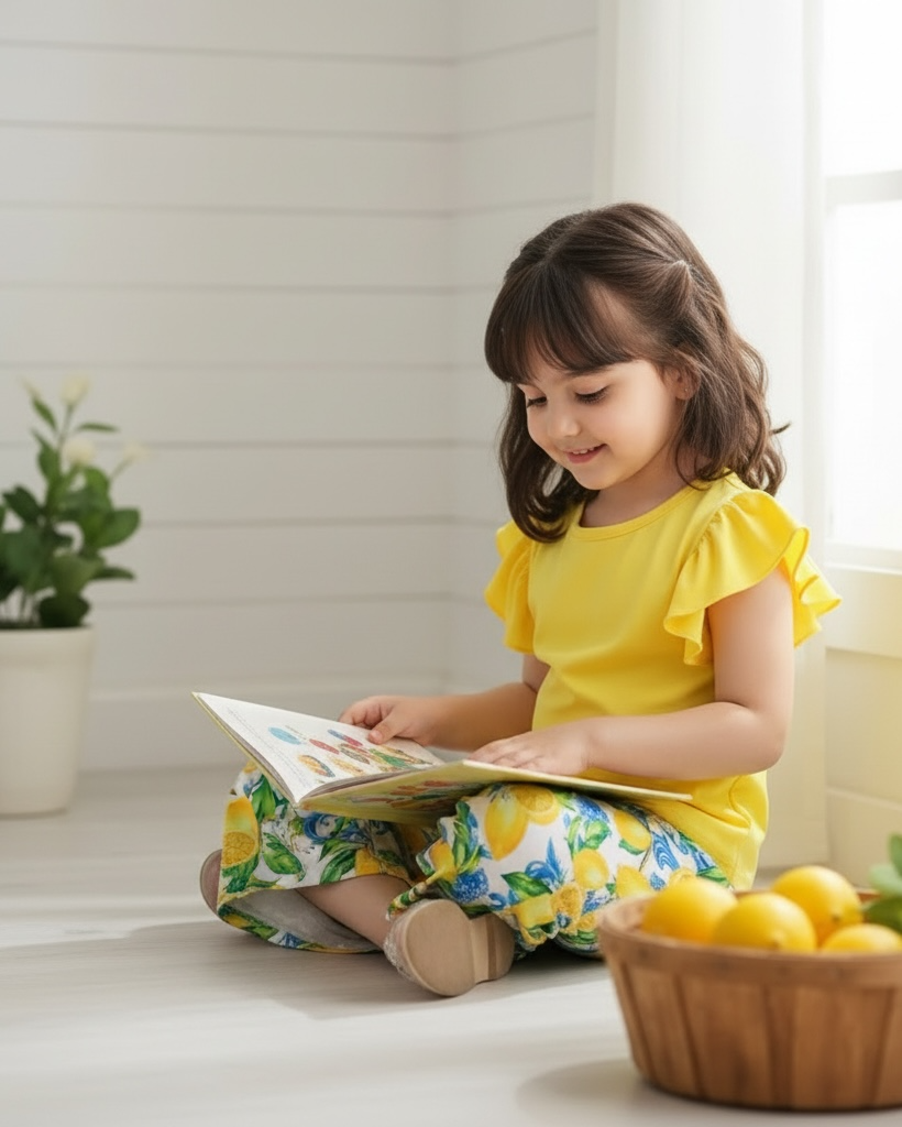 Girls’ Lemon Print Flutter Sleeve Co-Ord Set