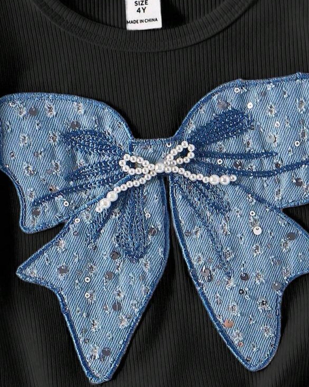 Girls Blue Bow Embroidery Black T-Shirt & Cargo Pants Set