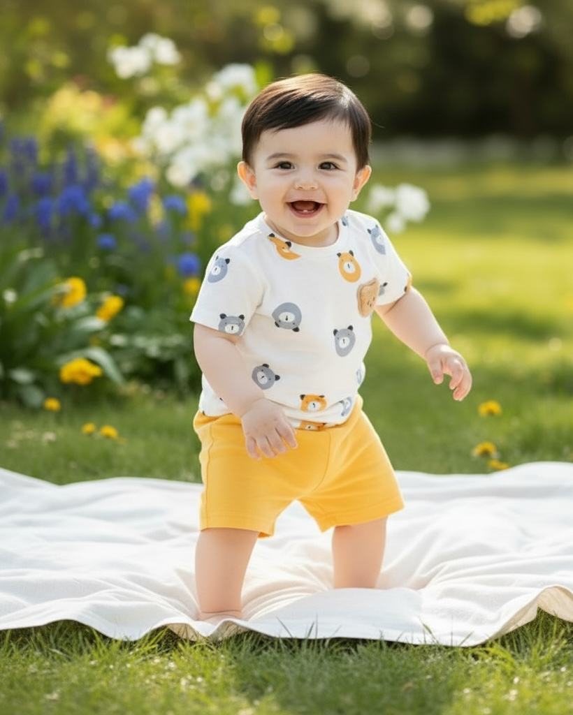 Baby Boy Bear White & Yellow Ribbed Summer Set