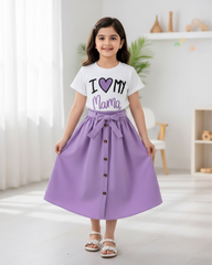 Mama Printed Short Sleeve T-Shirt And Elastic Waist Skirt