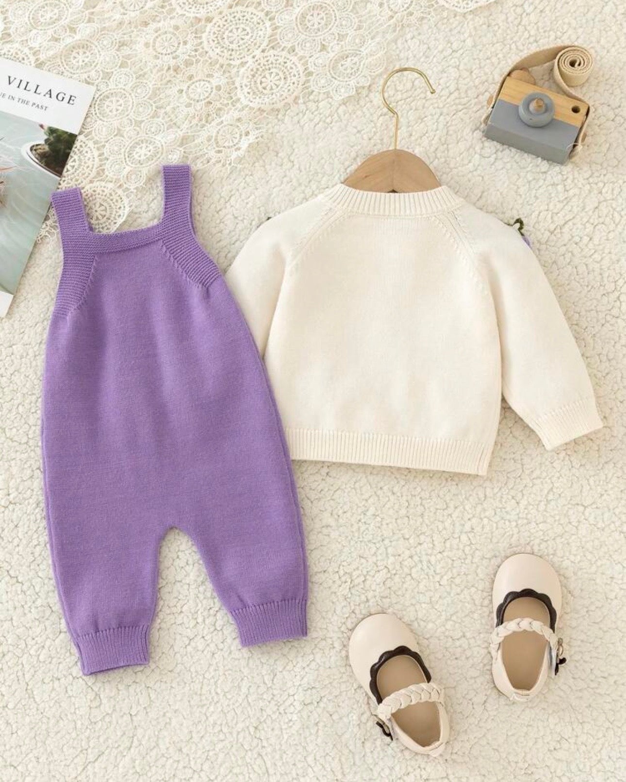 Newborn Baby Girl Purple Strawberry Pattern Knitted Cardigan and Romper