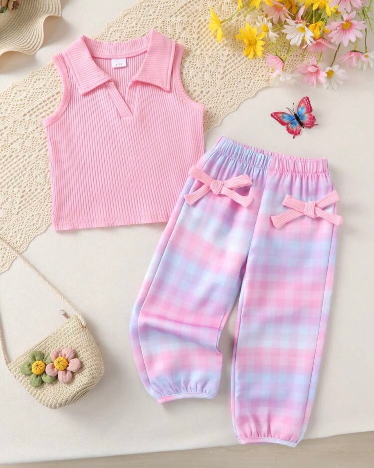 2pcs Girls’ Pink Knit Shirt & Ombre Plaid Pants
