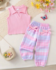 2pcs Girls’ Pink Knit Shirt & Ombre Plaid Pants