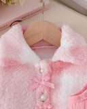 Baby Girl Pink Fur Collar Bow Cardigan & A-Line Dress Set – 2-Piece Princess Outfit