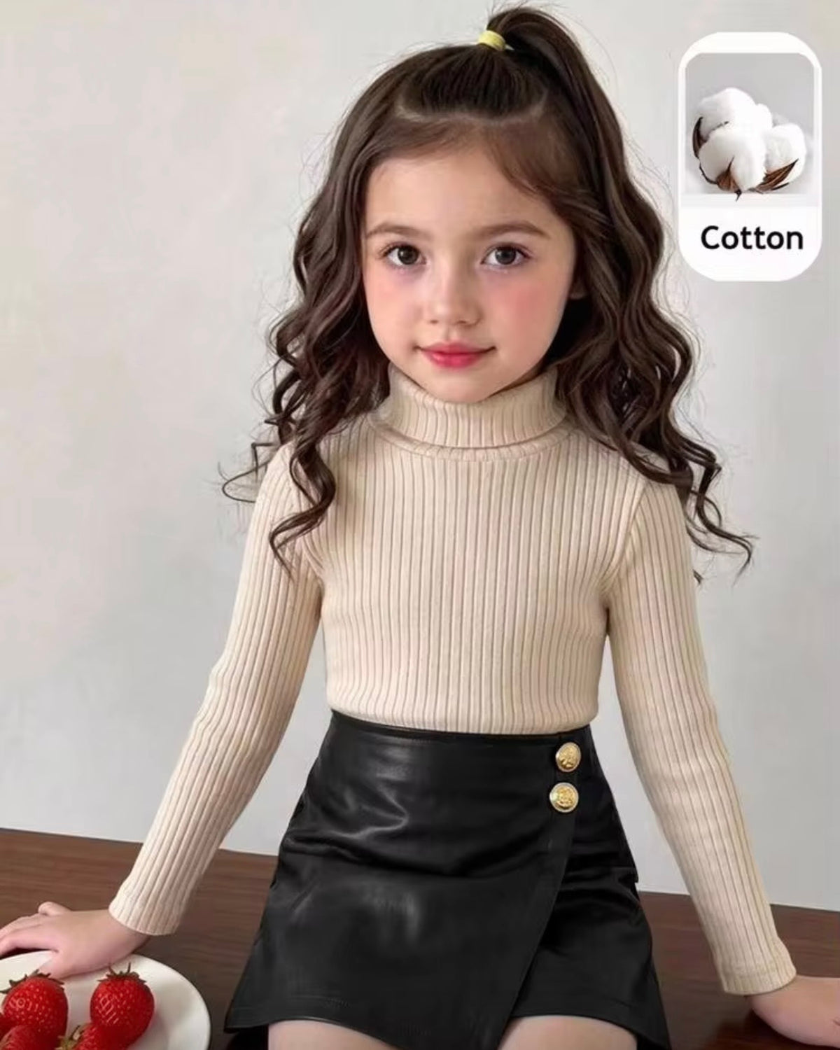 Young Girl Knit Beige Collar Top & Black Skort Set