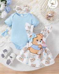 3pcs Baby Girls Sky Blue Ribbed Romper & Ruffled Overall Dress Set with Bow Headband