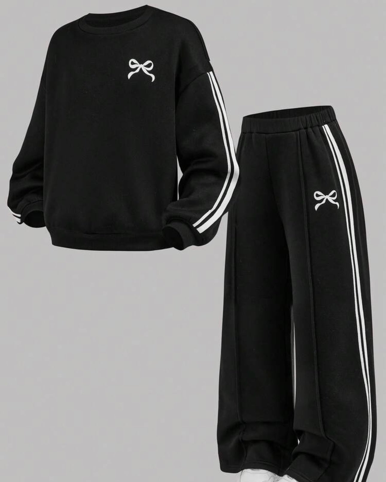 Tween Girl Casual Bow Print Knit Solid Color Loose Drop Shoulder Long Sleeve Sweatshirt & Wide Leg Sweatpants Set