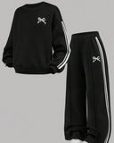 Tween Girl Casual Bow Print Knit Solid Color Loose Drop Shoulder Long Sleeve Sweatshirt & Wide Leg Sweatpants Set
