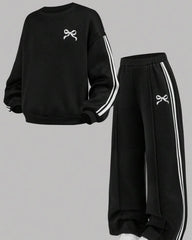 Tween Girl Casual Bow Print Knit Solid Color Loose Drop Shoulder Long Sleeve Sweatshirt & Wide Leg Sweatpants Set