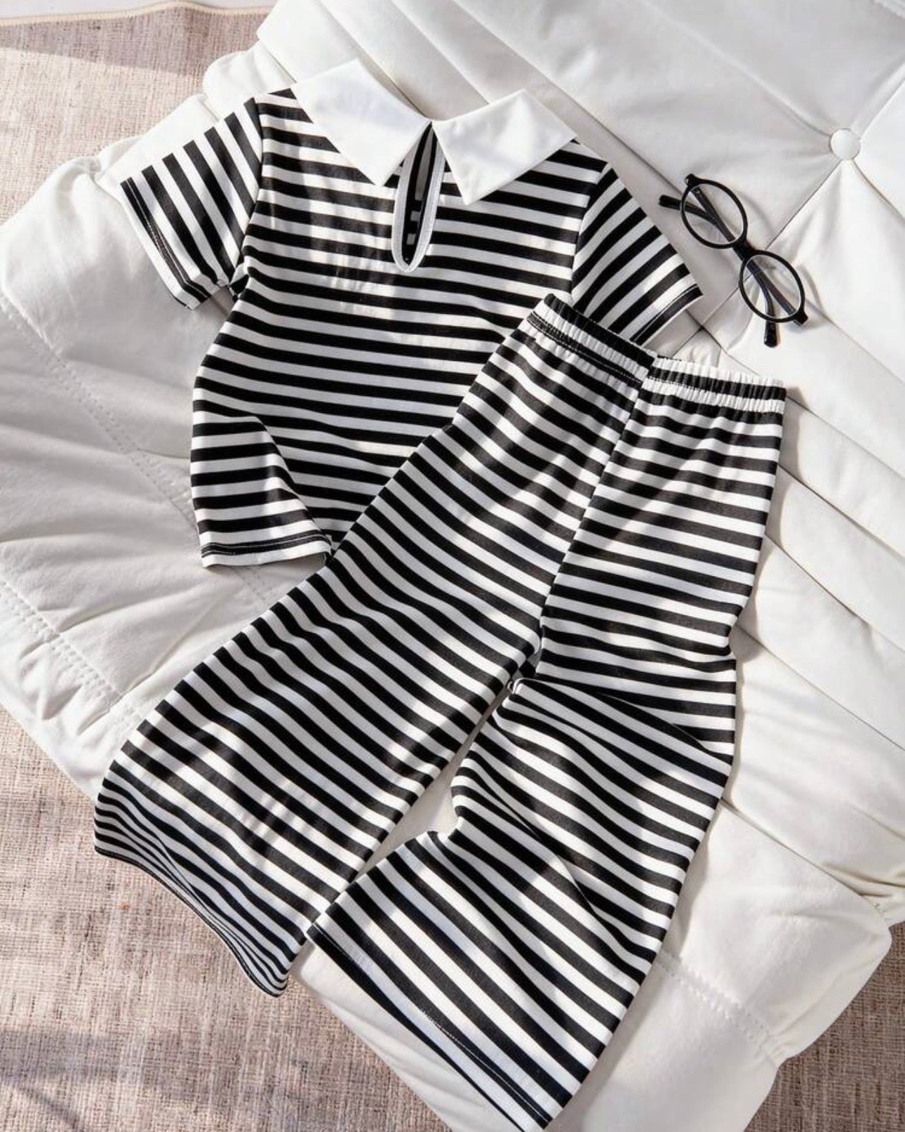 Kids 2pcs Knitted Striped Polo Set – Black & White