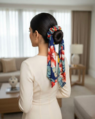 Blue Floral Bow Ponytail Holder – Silk Ribbon Hair Tie with Long Tails