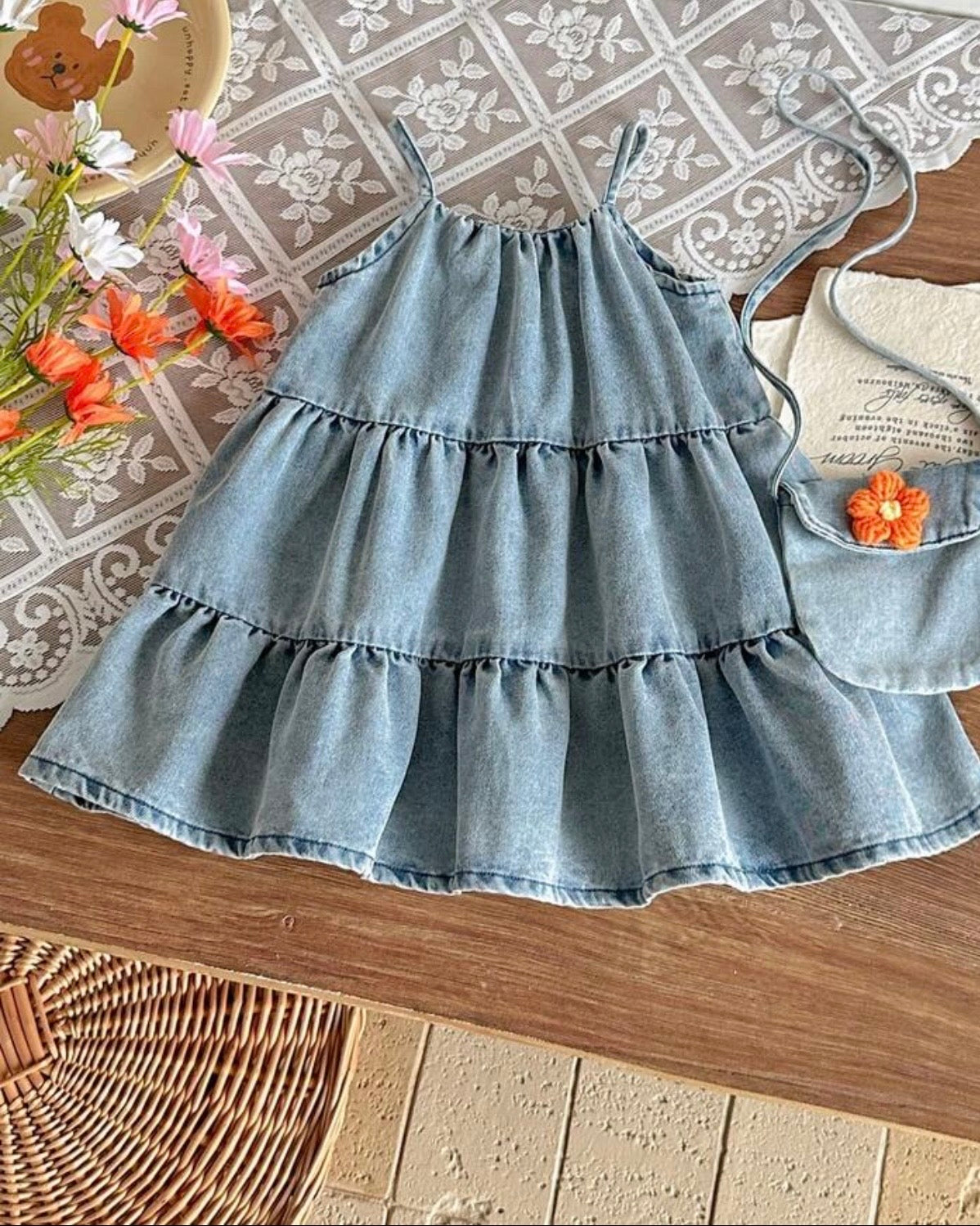 Baby Girls 3D Flower Decor Denim Dress & Bag Set