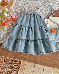 Baby Girls 3D Flower Decor Denim Dress & Bag Set