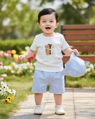 3pc Baby Boy Bear Print Outfit Set – T-Shirt, Shorts & Cap (Summer)
