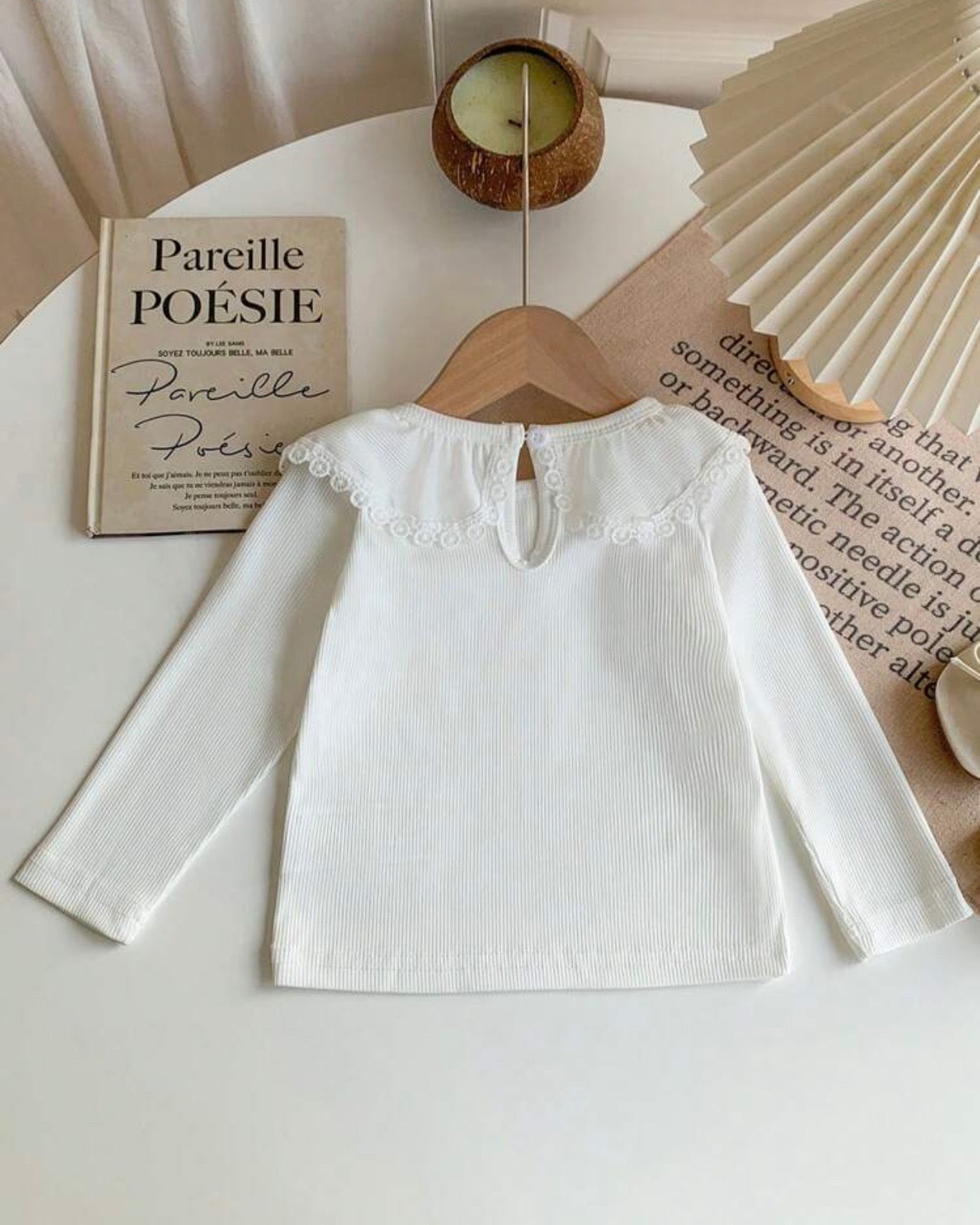 Baby Girl White Knitted Full Sleeve Round Neck Ruffle T-Shirt