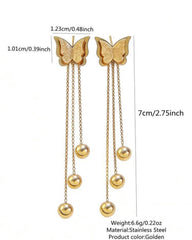 3D Butterfly Design Tassel Decorated Stainless Steel Dangle Earrings