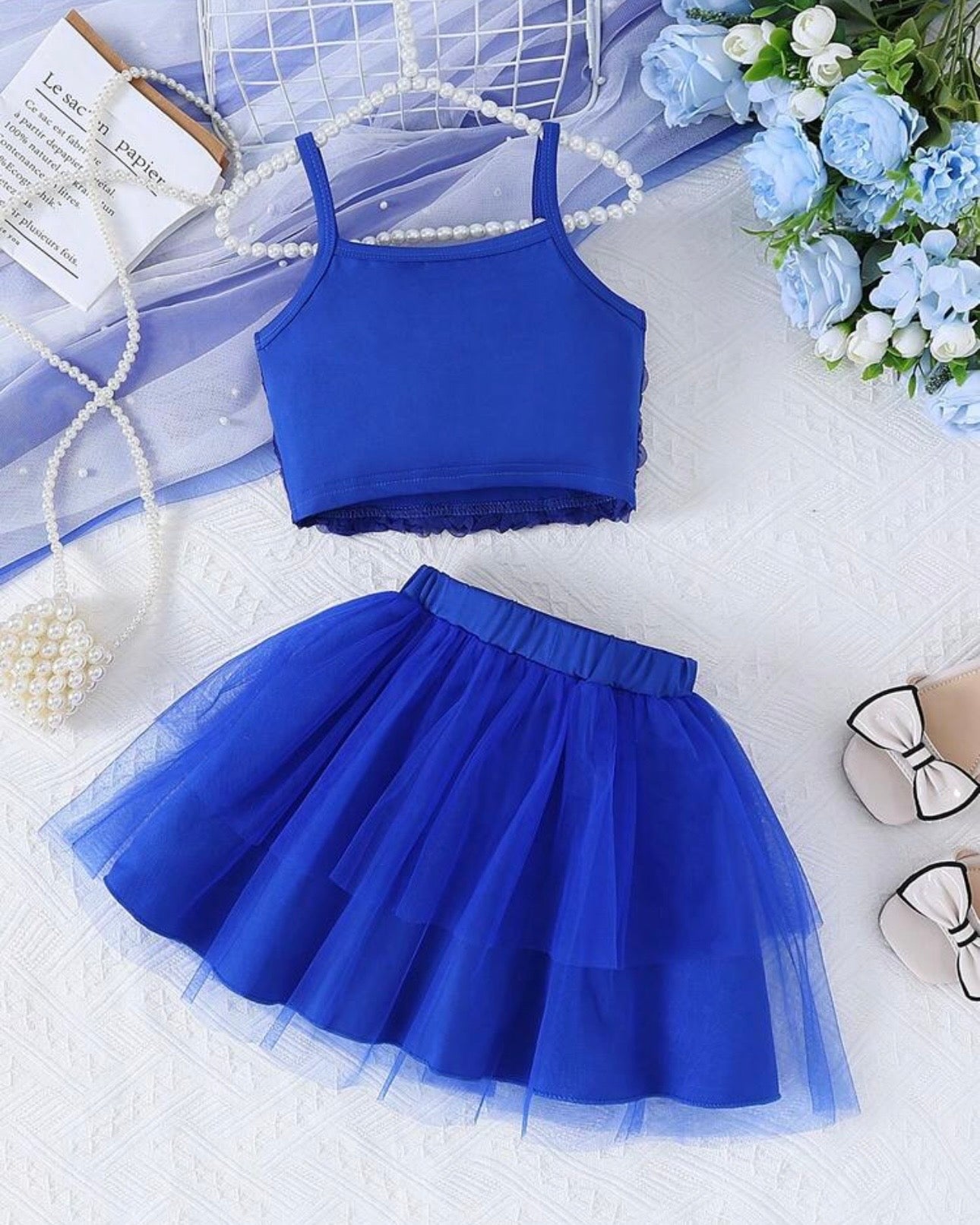 Girls Royal Blue Floral Embroidery Top & Tulle Skirt 2-Piece Set