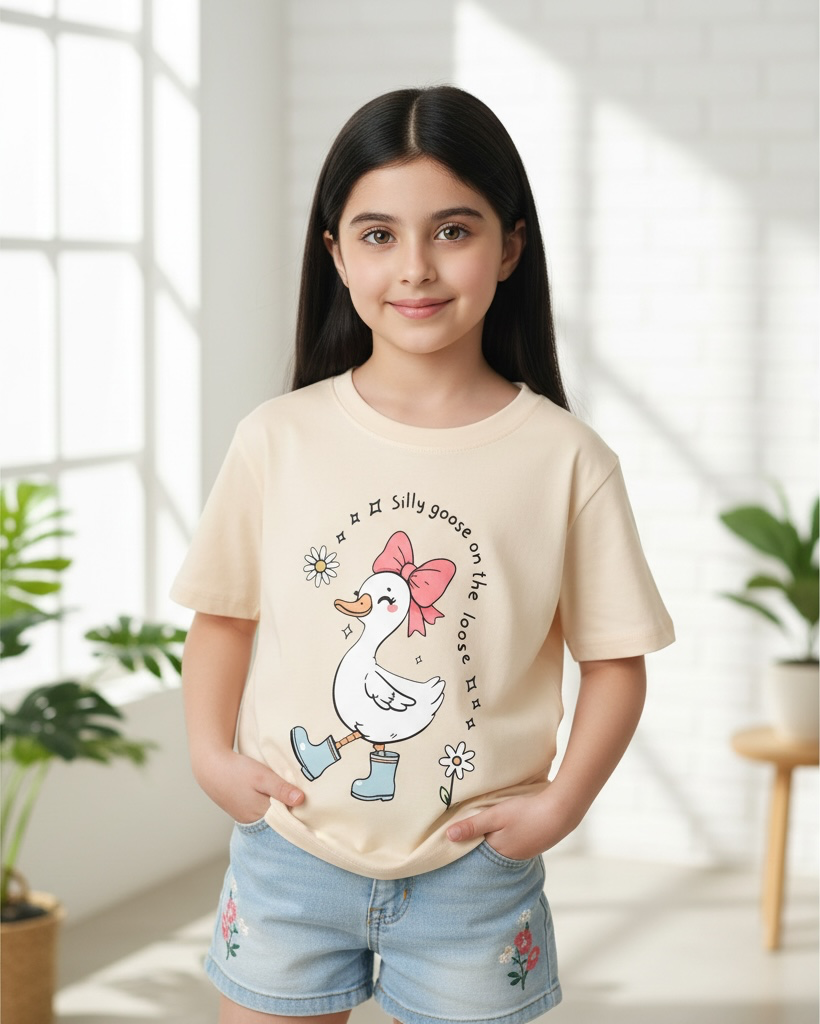 Girls’ Beige Duck Print Short Sleeve T-Shirt