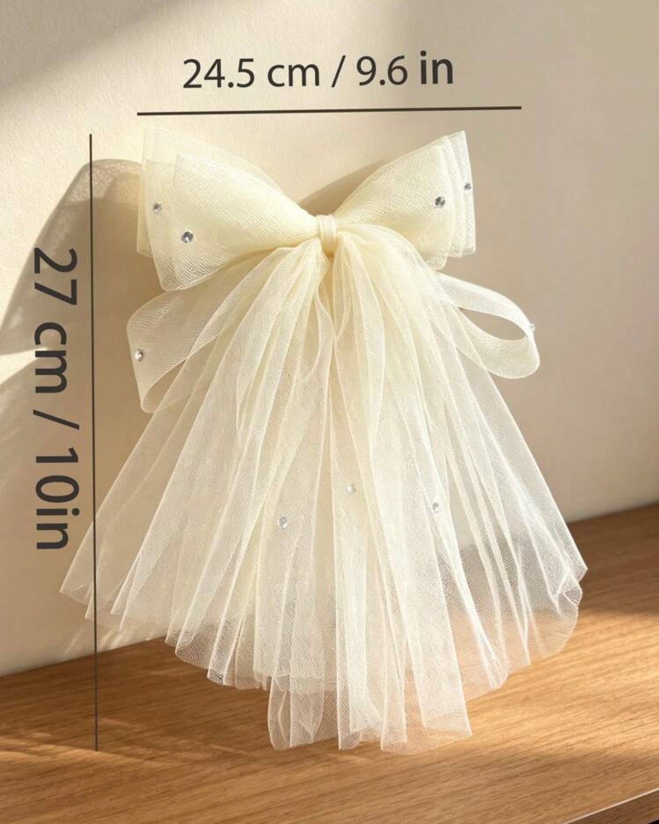 1PC Cream White Multi-Layer Tulle Rhinestone Bow Hair Clip