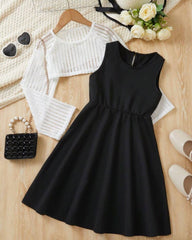 2pcs Spring/Summer Solid Color Outfit Set For Tween Girls - Long-Sleeved Hollow Crop Top And Sleeveless Dress With Round Neckline