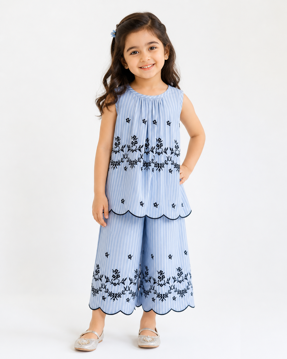 Girls Sleeveless Co-Ord Set – Blue Printed Embroidered Hem Top & Wide-Leg Pants