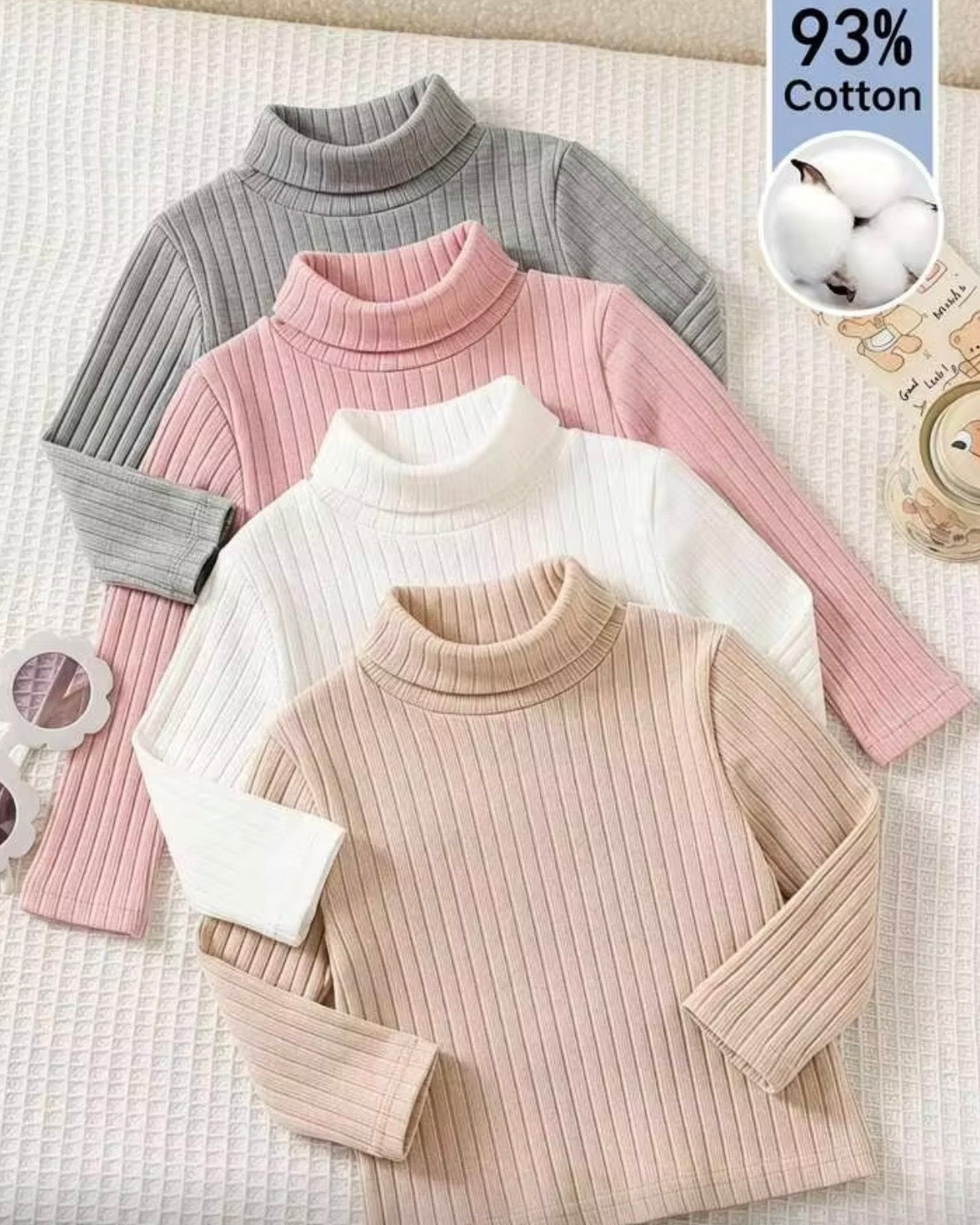 4-Piece Baby Girl Ribbed Knit Pastel Colours High-Neck T-Shirt Set