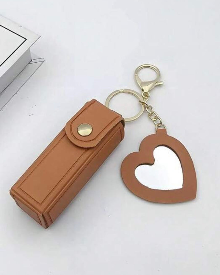 Leather Portable Mini Lipstick Case With Mirror & Keychain