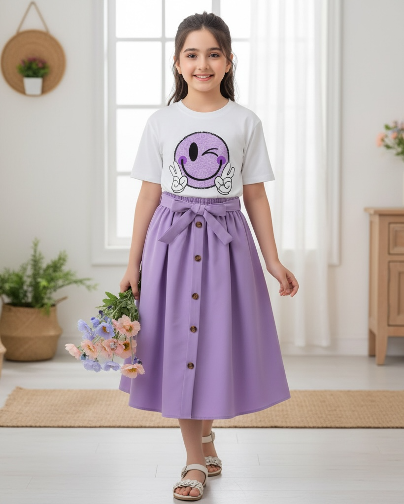 Smiley Printed Short Sleeve T-Shirt And Elastic Waist Skirt