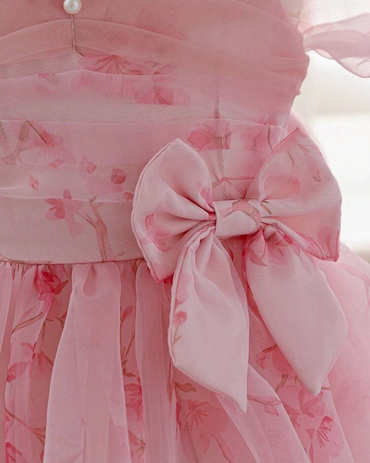 Girls Pink Floral Princess Dress with Petal Sleeves & Back Bow