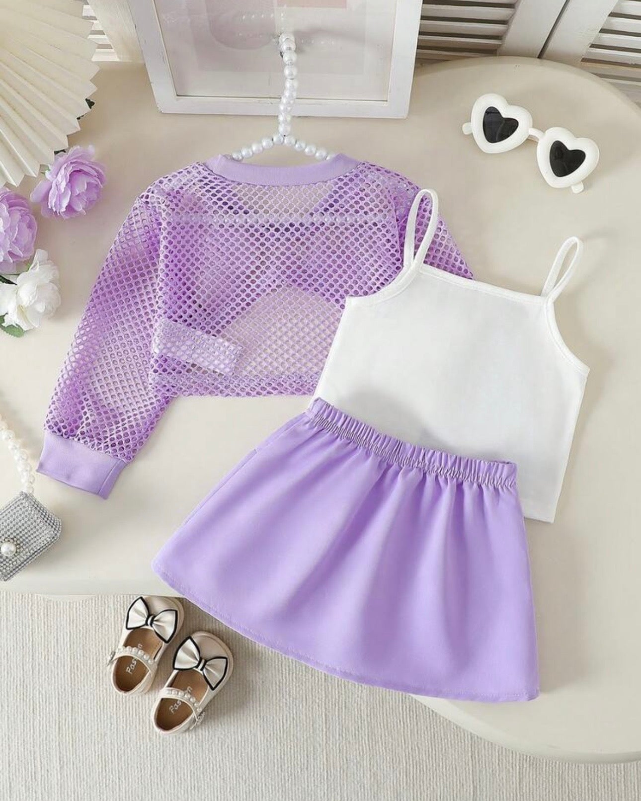 Baby Girls Purple 3PCS Elegant Outfit Set – Camisole, Pearl Flower Vest & Bow Pleated Skirt