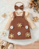 3pcs Set Girls Long Sleeve Knit Top + Bow Headband And 3D Floral Casual Overall Dress Set