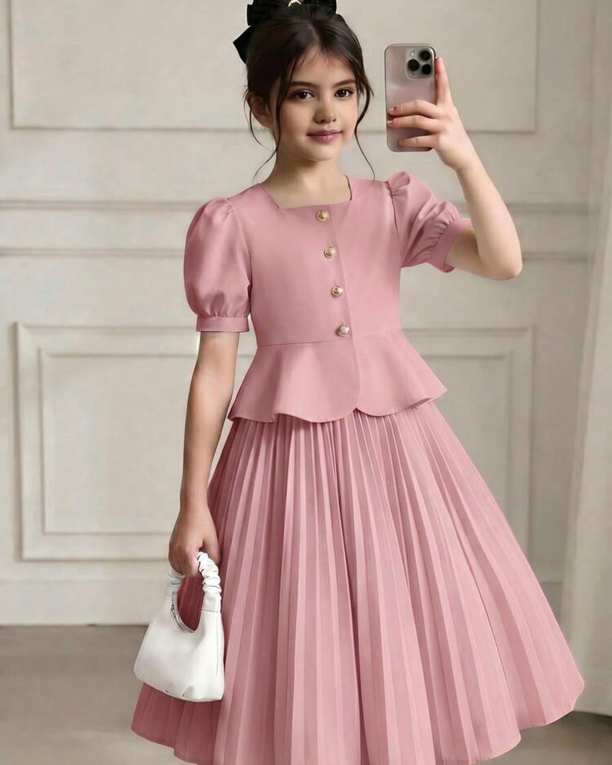 Girls’ 2pc Pink Square Collar Puff Sleeve Top & Pleated Skirt Set