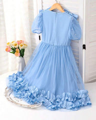 Tween Girl Blue Princess Chiffon Dress with Bow – Elegant Party & Flower Girl Dress
