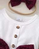 Ribbed Patchwork 3D Bowknot Meroon Bodysuit Dress With Headband