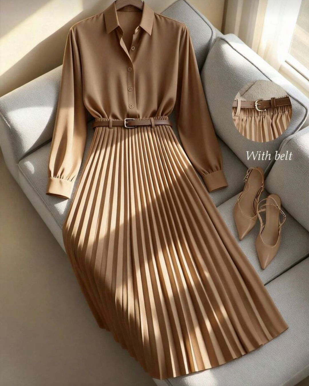 Solid Color Long Sleeve Shirt Paired With A-Line Skirt, Pleated Skirt Comes With Belt