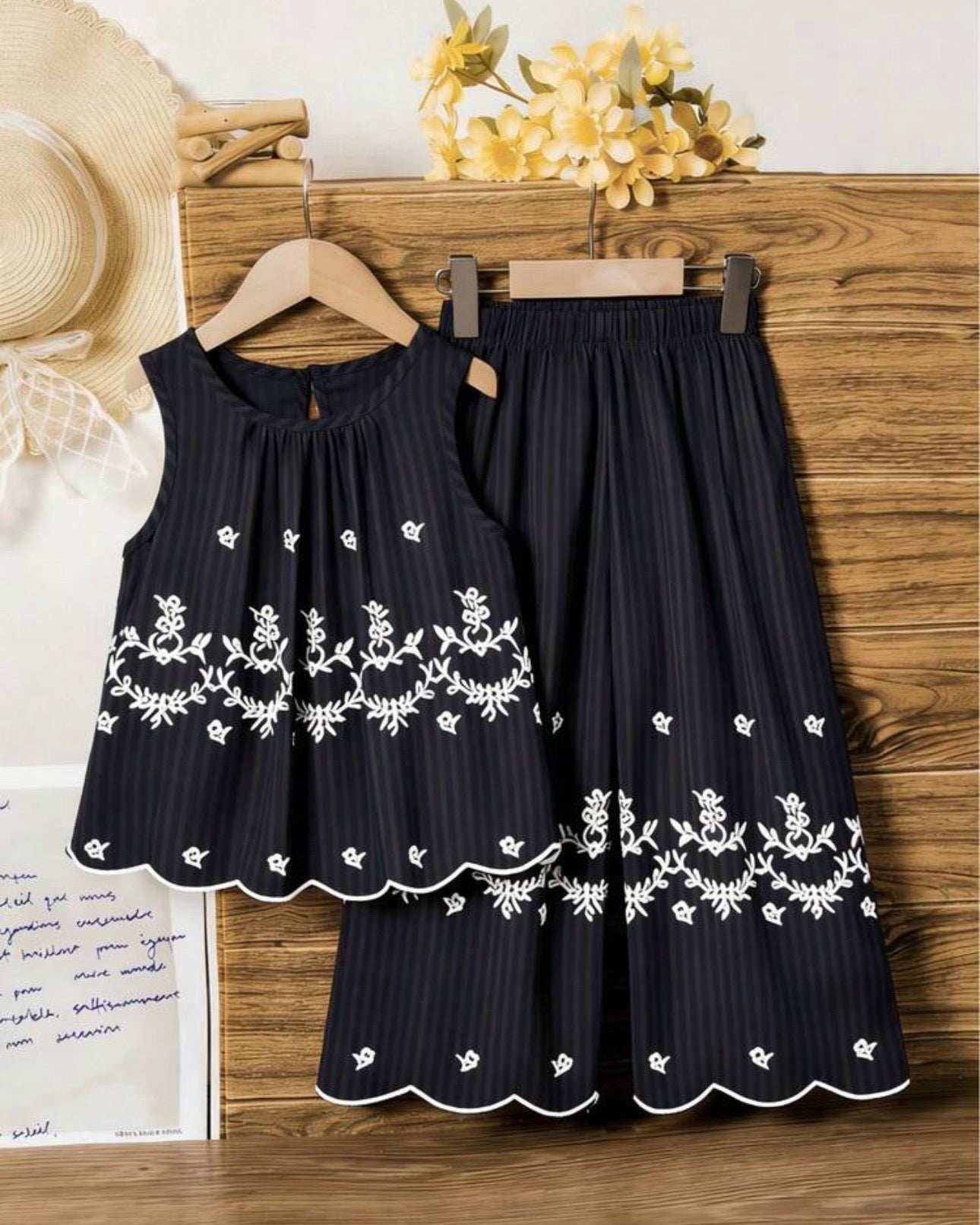 Girls Sleeveless Co-Ord Set – Black Printed Embroidered Hem Top & Wide-Leg Pants