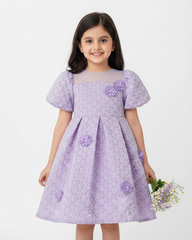 Girls Lilac Chiffon Floral Dress – Puffy Sleeve Princess Party Dress, Elastic Waist Summer Outfit for Kids
