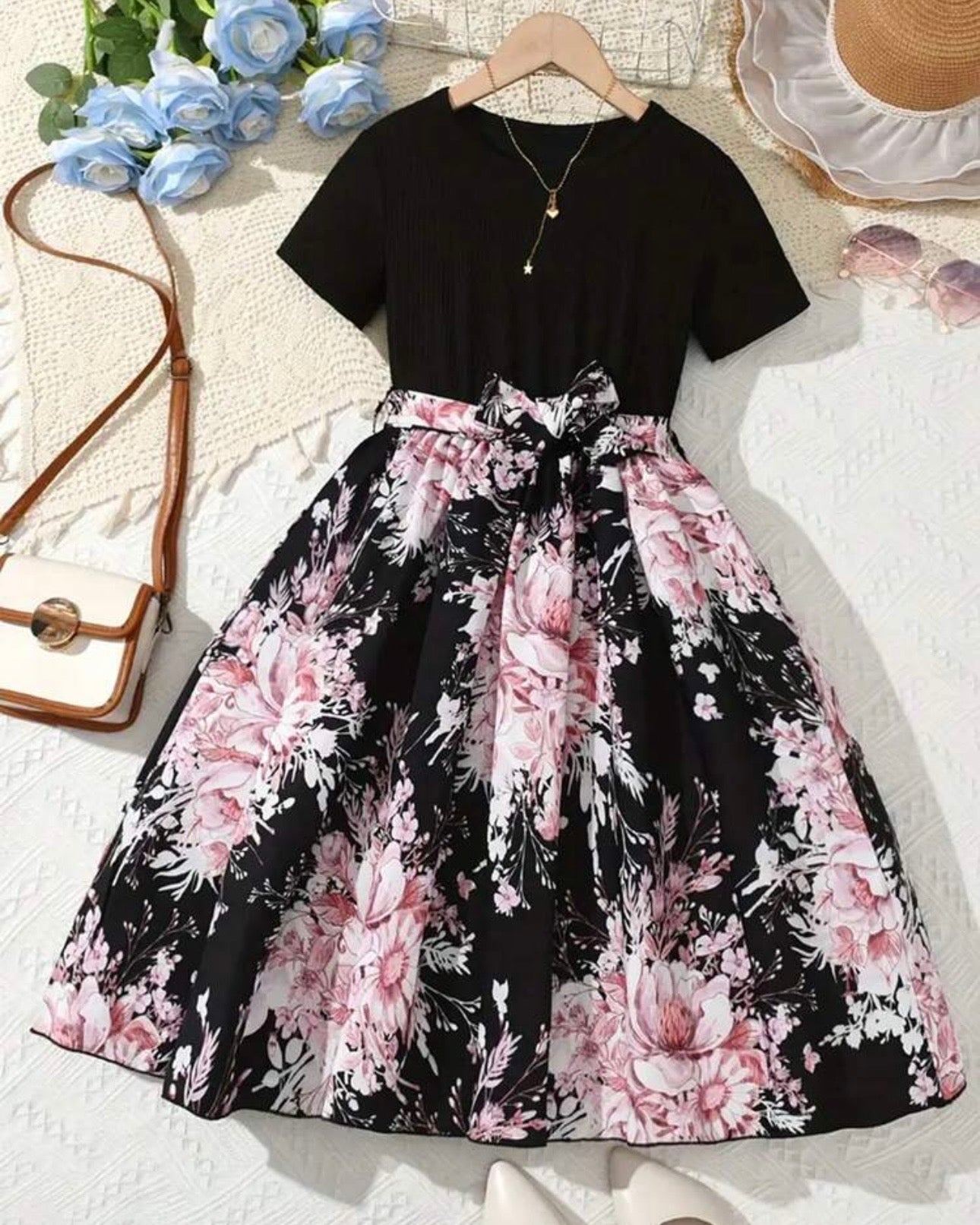 Sweet Black & Pink Floral Patchwork Dress – Summer Ready