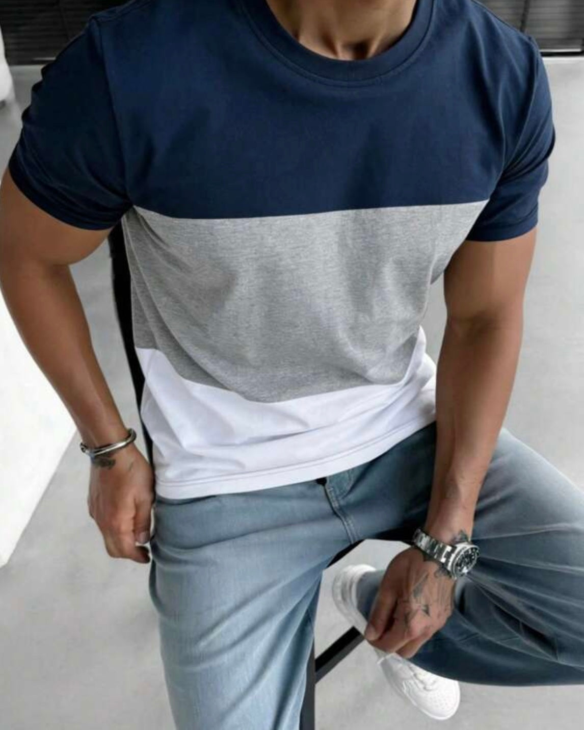 1pc Summer Contrast Colour Casual Round Neck Men's Short Sleeve T-Shirt