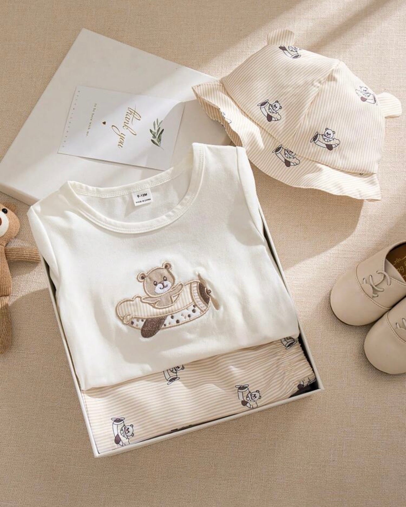 3pc Baby Boy Beige Bear Print Outfit Set – T-Shirt, Shorts & Cap (Summer)