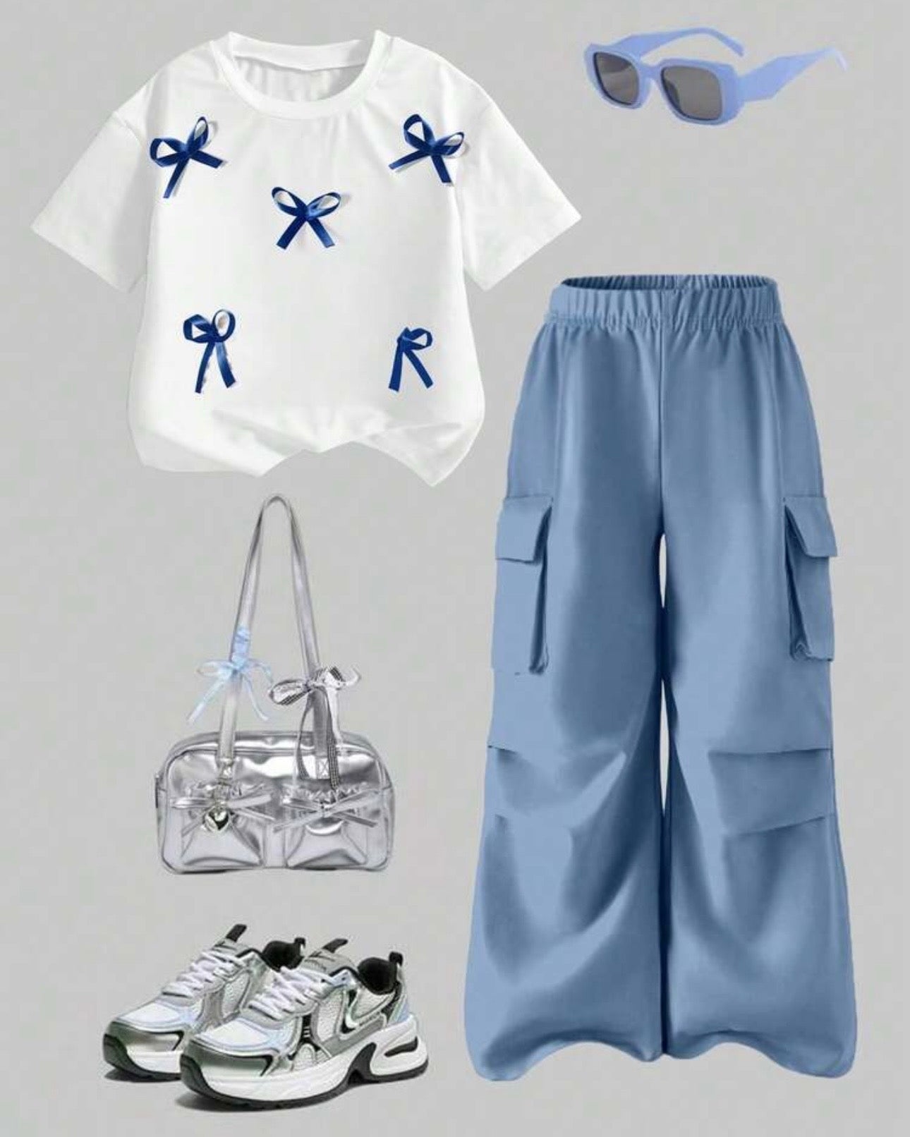 Tween Girl 3D Bow Short Sleeve Top And Cargo Pants Set