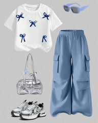 Tween Girl 3D Bow Short Sleeve Top And Cargo Pants Set