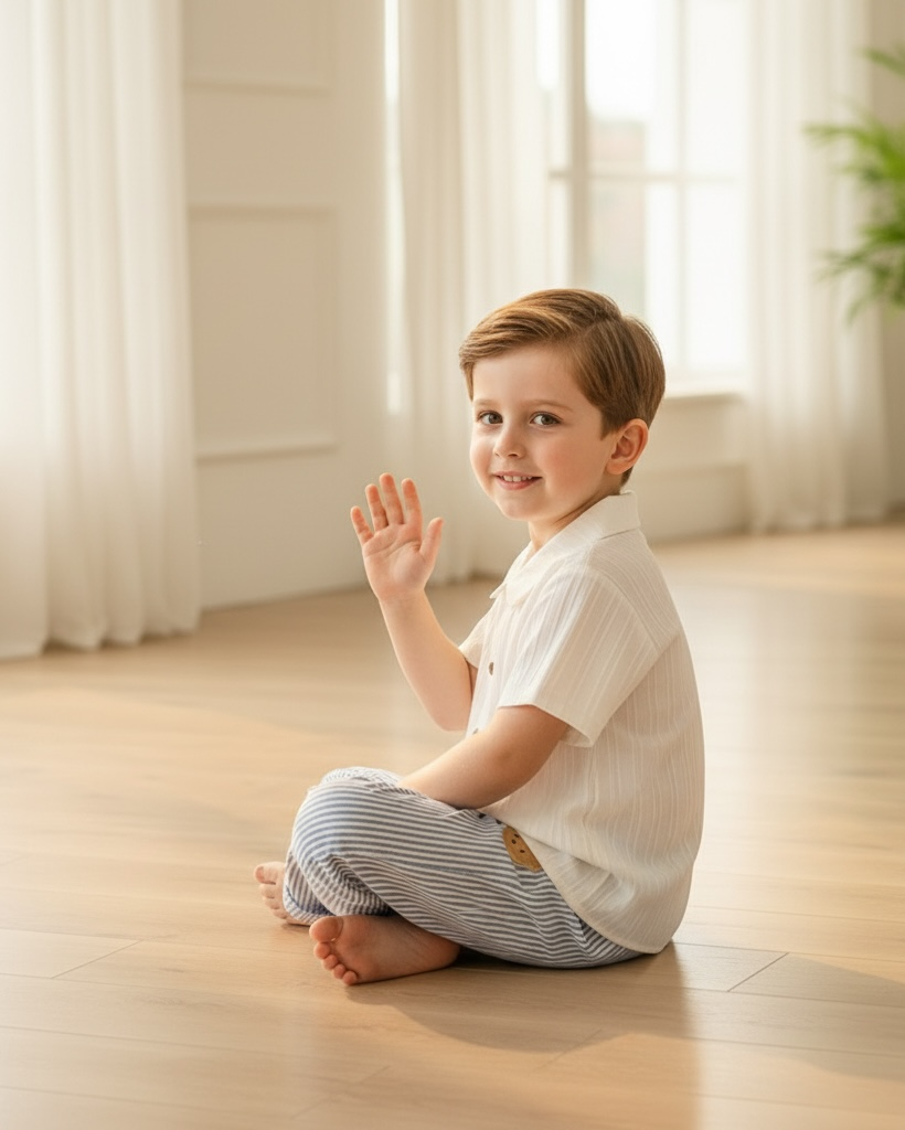 Young Boys 2-Piece Shirt & Sky Blue Bear Striped Pants Set