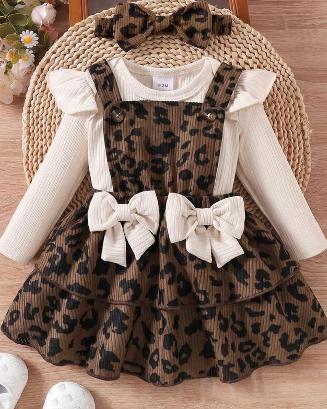 Baby Girl Brown Leopard Print Strap Dress Ribbed, Long Sleeve Bodysuit With Headband