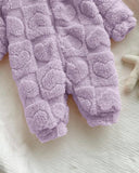 Baby Girl Winter 3D Purple Fluffy Heart Pattern Zipper Hooded Romper