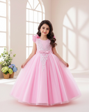 Girls Pink Floral Lace Princess Dress – Bowknot Long Gown