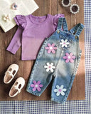 Baby Girls Purple Floral Embroidered Denim Overall Set