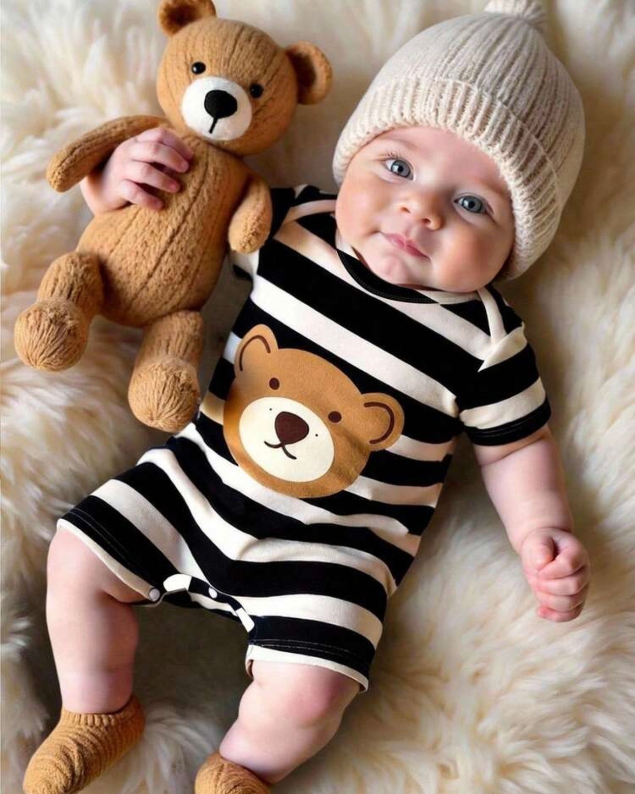 Baby Boy Striped Bear Print Short Sleeve Romper